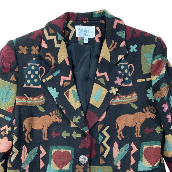 Vintage Deborah Murray Tapestry Jacket Moose Fish Hearts Northwest Size M - Picture 2 of 7